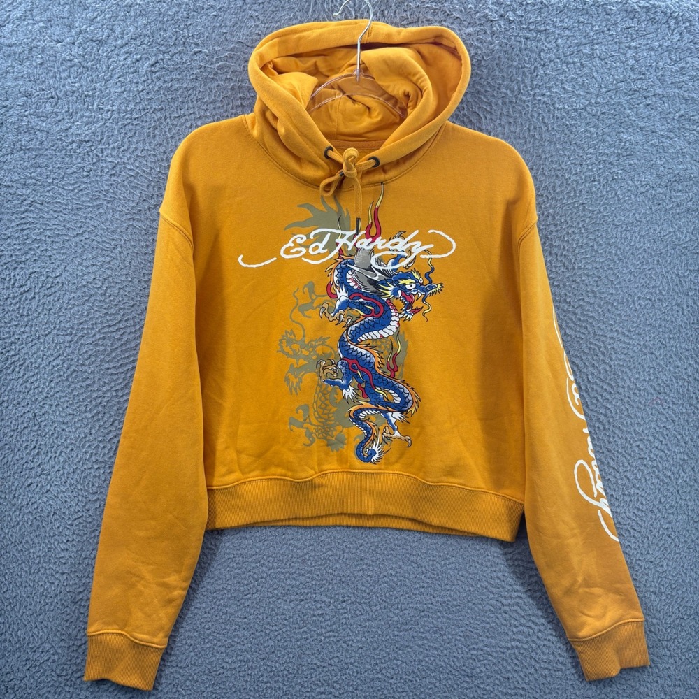 Ed Hardy Hoodie Women XL Marigold Yellow Dragon Graphic Cropped Sweatshirt